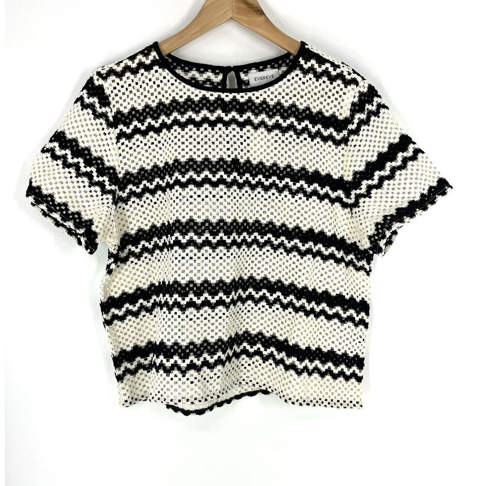 Evereve Shirt Size Large Black White Leni Crochet Short Sleeve Boho Cottagecore